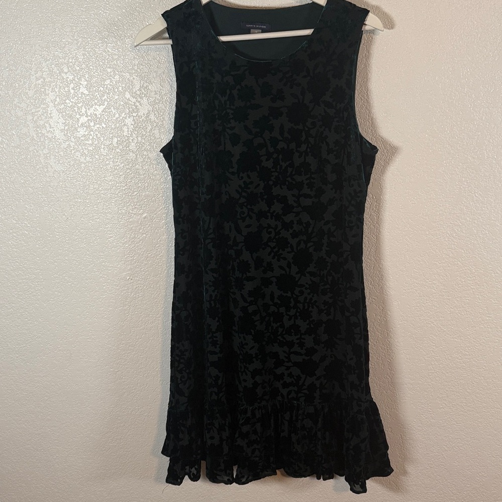 Tommy Hilfiger Hunter Green Burnout Velvet Mini Dress Ruffle Bottom Size 12